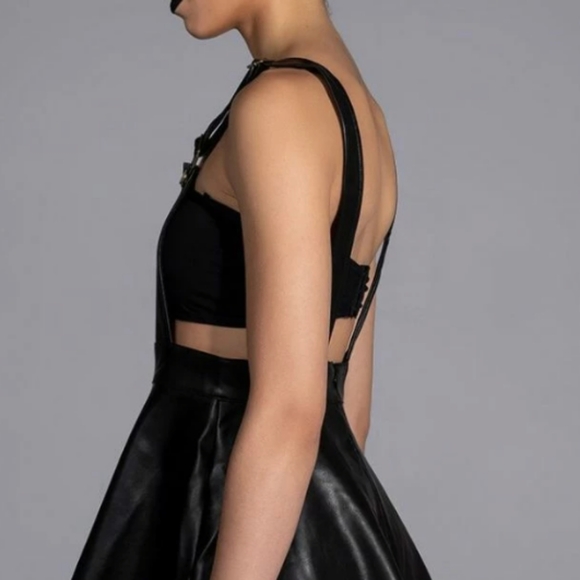 AKIRA KIARA FAUX LEATHER PINAFORE DRESS BLACK **NWT** - Picture 2 of 4